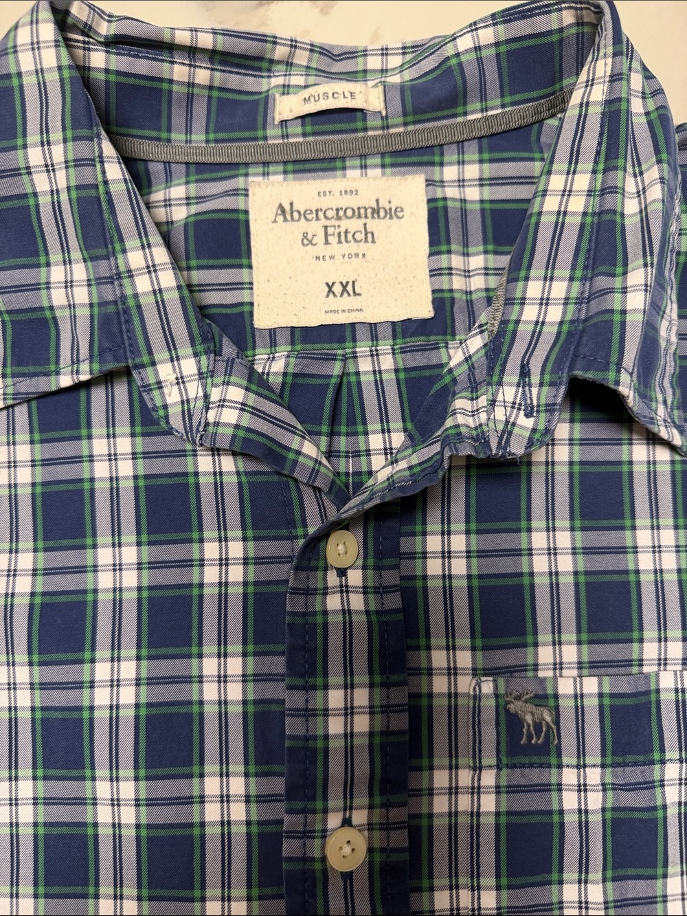 Abercrombie & Fitch Navy, White & Green Plaid Button-Down Shirt
